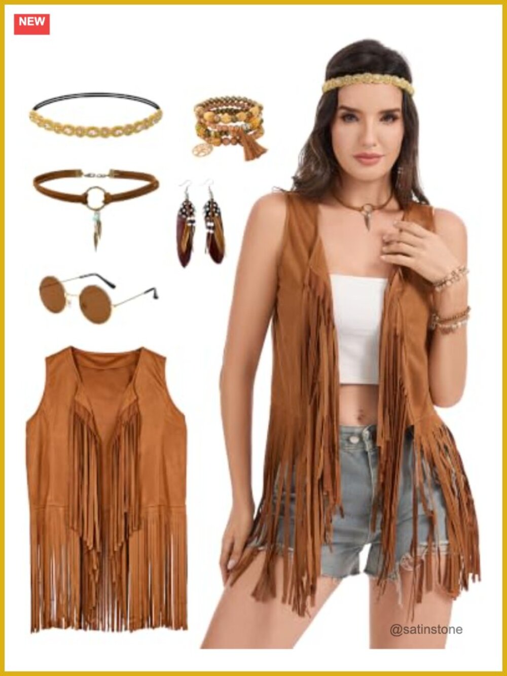 Faux Suede Fringe Hippie Vest 60s 70s Costume Set Sleeveless